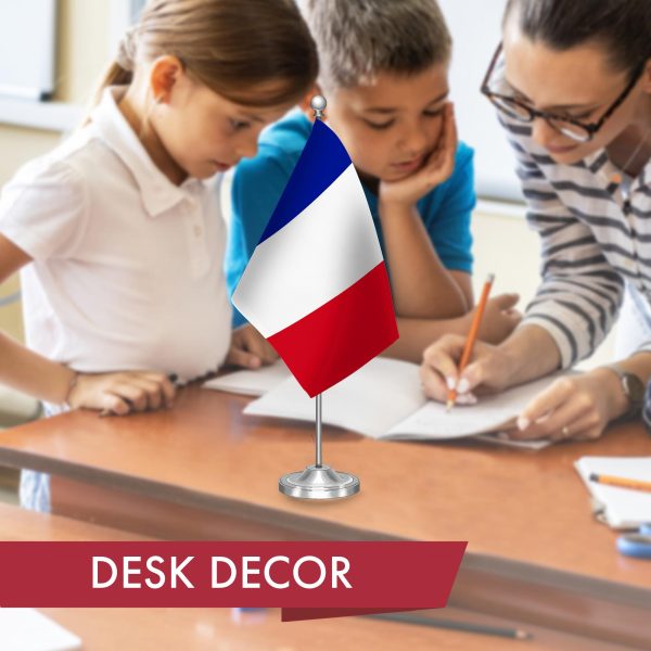 G128 France French Deluxe Desk Flag Set | 8.5x5.5 In | Printed 300D Polyester, with Silver Dome and Base, 15" Metal Pole, Decorations For Office, Home and Festival Events Celebration - Image 5