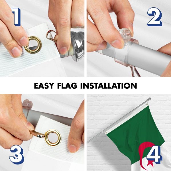 G128 Combo Pack: 6 Ft Tangle Free Spinning Flagpole (Silver) & Algeria Flag 3x5 Ft Printed 150D Polyester, Brass Grommets (Flag Included) Aluminum Flag Pole - Image 7