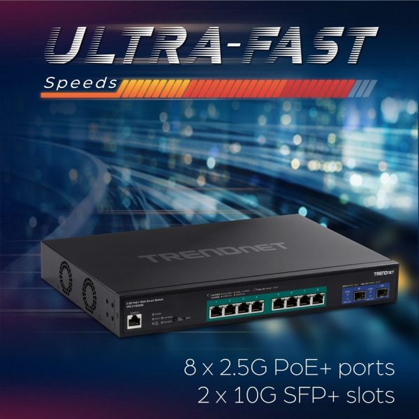 TRENDnet 10-Port Multi-Gig Web Smart PoE+ Switch, 8 x 2.5GBASE-T PoE+ Ports, 2 x 10G SFP+ Slots, Metal Housing, Managed Network Ethernet Switch, Lifetime Protection, Black, TPE-3102WS - Image 3