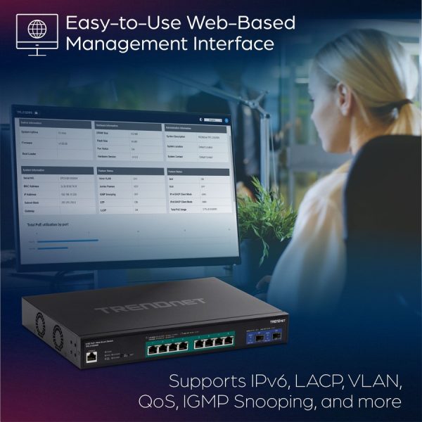 TRENDnet 10-Port Multi-Gig Web Smart PoE+ Switch, 8 x 2.5GBASE-T PoE+ Ports, 2 x 10G SFP+ Slots, Metal Housing, Managed Network Ethernet Switch, Lifetime Protection, Black, TPE-3102WS - Image 5