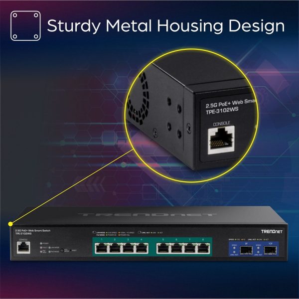 TRENDnet 10-Port Multi-Gig Web Smart PoE+ Switch, 8 x 2.5GBASE-T PoE+ Ports, 2 x 10G SFP+ Slots, Metal Housing, Managed Network Ethernet Switch, Lifetime Protection, Black, TPE-3102WS - Image 6