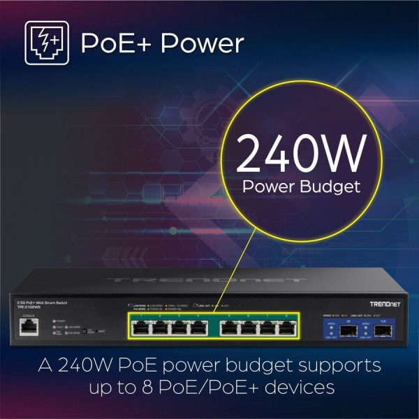 TRENDnet 10-Port Multi-Gig Web Smart PoE+ Switch, 8 x 2.5GBASE-T PoE+ Ports, 2 x 10G SFP+ Slots, Metal Housing, Managed Network Ethernet Switch, Lifetime Protection, Black, TPE-3102WS - Image 7