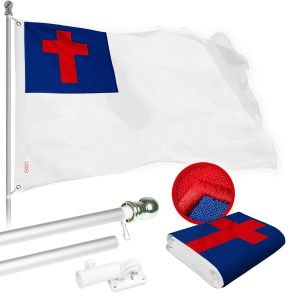 G128 Combo Pack: 5 Ft Tangle Free Spinning Flagpole (Silver) & Christian Flag 2.5x4 Ft Embroidered 220GSM Spun Polyester, Brass Grommets (Flag Included) Aluminum Flag Pole