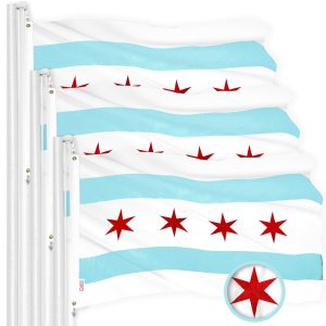 G128 Chicago Flag 2x3 Ft 3-Pack Embroidered 300D Embroidered Stars, Sewn Stripes, Brass Grommets, Indoor/Outdoor, Vibrant Colors, Quality Polyester