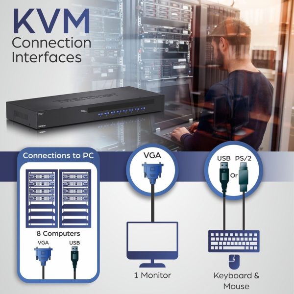 TRENDnet 8-Port USB/PS2 Rack Mount KVM Switch, TK-803R, VGA & USB Connection, Supports USB & PS/2 Connections, Device Monitoring, Auto Scan, Audible Feedback, Control up to 8 Computers/Servers - Image 3
