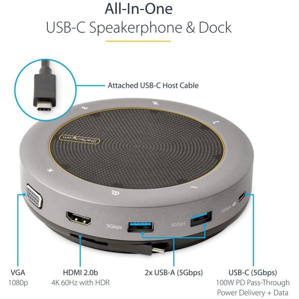 StarTech.com USB-C Speakerphone Docking Station, Mini Portable Conference Speaker/Audio Dock, VGA/4K HDMI, USB Hub, Teams/Zoom/Softphone - Image 10