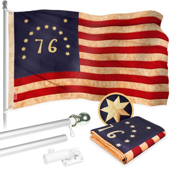 G128 Combo Pack: 5 Ft Tangle Free Aluminum Spinning Flagpole (Silver) & Bennington 76 Tea-Stained Flag 2x3 Ft, ToughWeave Pro Series Embroidered 420D Polyester | Pole with Flag Included