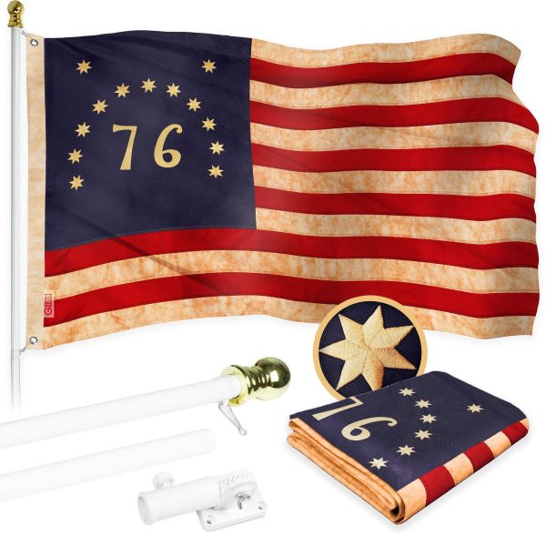 G128 Combo Pack: 6 Ft Tangle Free Aluminum Spinning Flagpole (White) & Bennington 76 Tea-Stained Flag 3x5 Ft, ToughWeave Pro Series Embroidered 420D Polyester | Pole with Flag Included