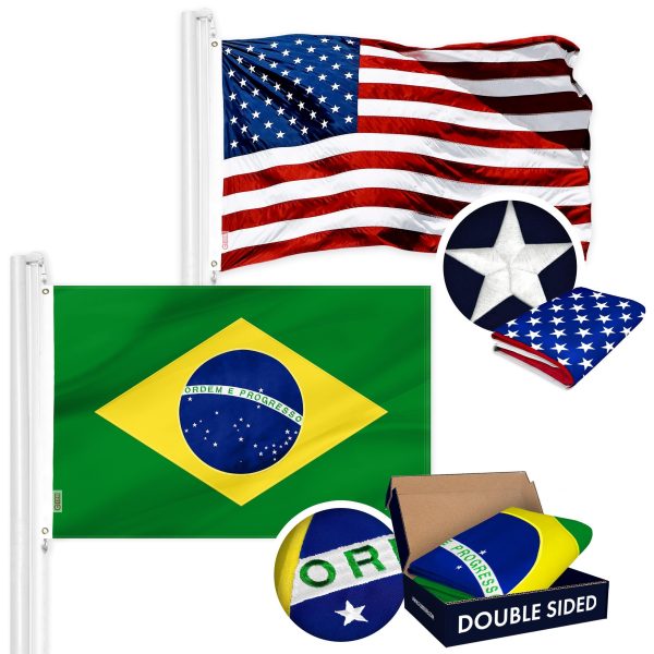 G128 Combo Pack: USA American Flag 3x5 Ft Embroidered Stars & Brazil (Brazilian) Flag 3x5 Ft Double-sided Embroidered 210D