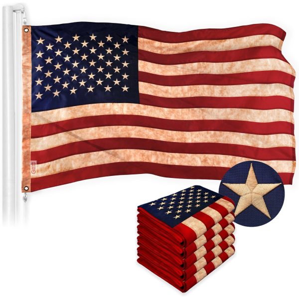 G128 5 Pack: American USA Tea-Stained Flag | 2x3 Ft | ToughWeave Pro Series Embroidered 420D Polyester | Embroidered Stars
