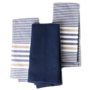 The Fine Living Co. Decorative Kitchen Towels Set of 3 Recycled Cotton Waffle Weave Dish Towels for Drying Dishes 28x18 inch Blue Absorbent Tea Towels | Boho Stripe Design | Eco Friendly