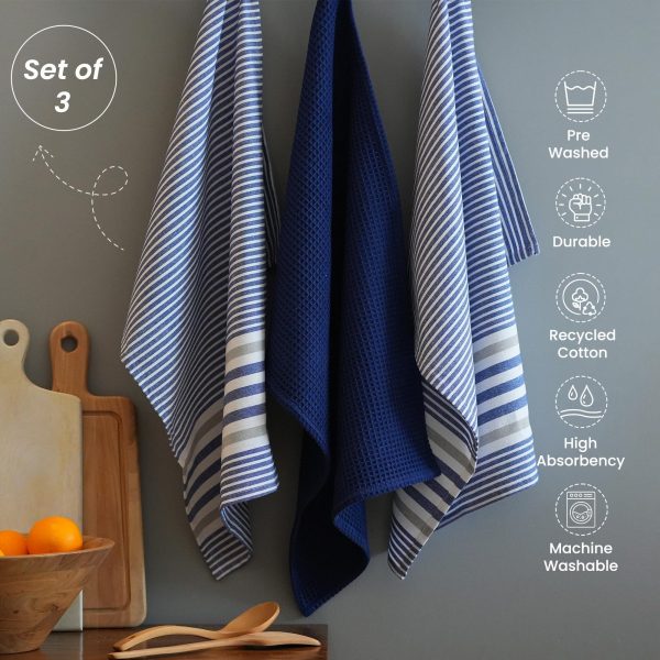 The Fine Living Co. Decorative Kitchen Towels Set of 3 Recycled Cotton Waffle Weave Dish Towels for Drying Dishes 28x18 inch Blue Absorbent Tea Towels | Boho Stripe Design | Eco Friendly - Image 2