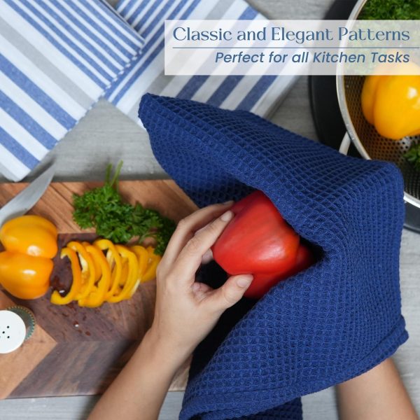 The Fine Living Co. Decorative Kitchen Towels Set of 3 Recycled Cotton Waffle Weave Dish Towels for Drying Dishes 28x18 inch Blue Absorbent Tea Towels | Boho Stripe Design | Eco Friendly - Image 4