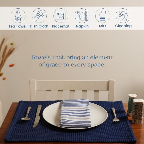 The Fine Living Co. Decorative Kitchen Towels Set of 3 Recycled Cotton Waffle Weave Dish Towels for Drying Dishes 28x18 inch Blue Absorbent Tea Towels | Boho Stripe Design | Eco Friendly - Image 6