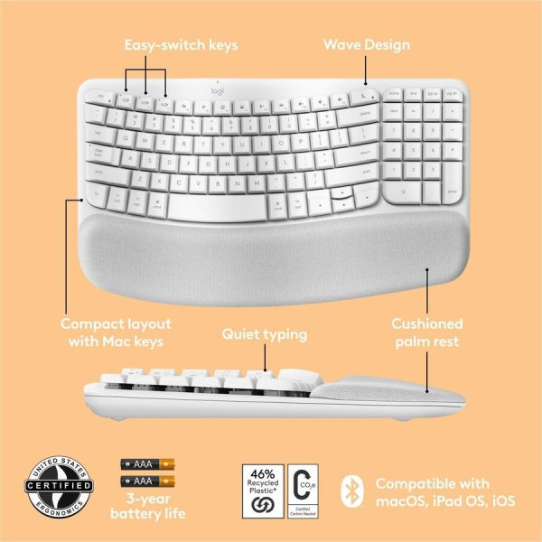 Logitech Wave Keys for Mac, Wireless Ergonomic Keyboard with Cushioned Palm Rest, Comfortable Natural Typing, Bluetooth Keyboard, Easy-Switch, Optimized for Mac, Apple, iPad, Off-white - Image 6
