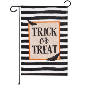 G128 Garden Flag Trick or Treat Bats and Black and White Stripes | 12x18 Inch | Printed Burlap Polyester - Halloween Fall Decoration