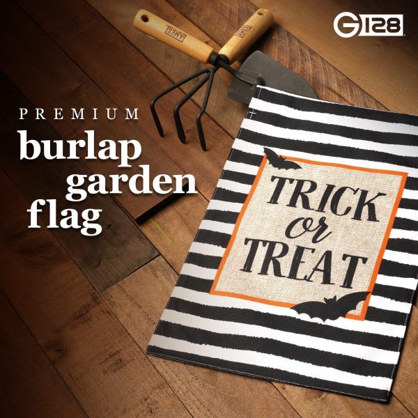 G128 Garden Flag Trick or Treat Bats and Black and White Stripes | 12x18 Inch | Printed Burlap Polyester - Halloween Fall Decoration - Image 2