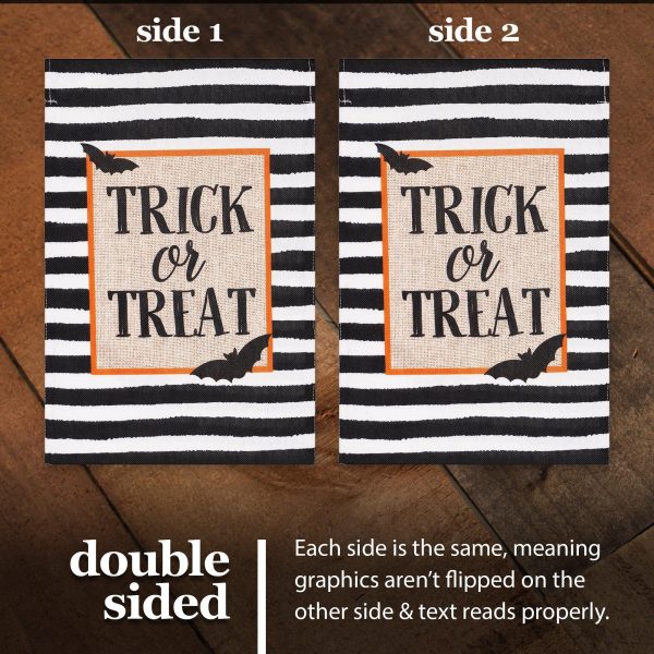 G128 Garden Flag Trick or Treat Bats and Black and White Stripes | 12x18 Inch | Printed Burlap Polyester - Halloween Fall Decoration - Image 3