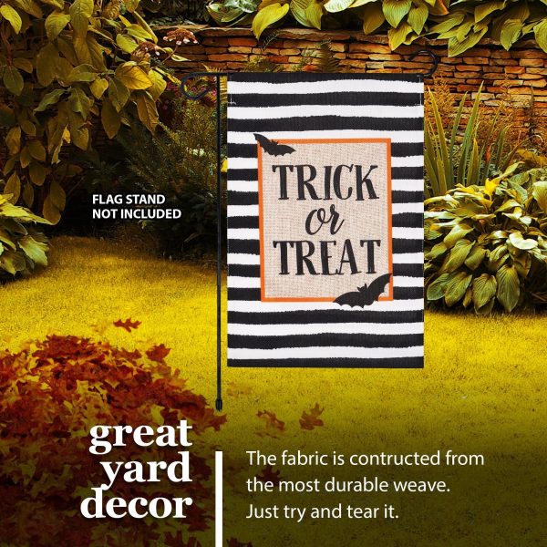 G128 Garden Flag Trick or Treat Bats and Black and White Stripes | 12x18 Inch | Printed Burlap Polyester - Halloween Fall Decoration - Image 8