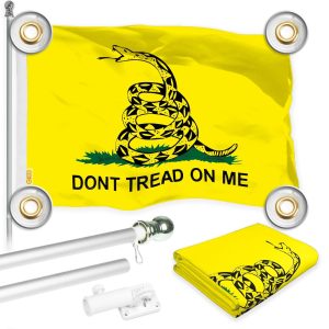 G128 Combo Pack: 6 Ft Tangle Free Aluminum Spinning Flagpole (Silver) & Gadsden Don't Tread On Me Flag 3x5 Ft, LiteWeave Pro Printed 150D Polyester, 4 Corner Brass Grommets | Pole with Flag Included