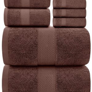 Luxury Brown Bath Towel Set   Combed Cotton Hotel Quality Absorbent 8 Piece Towels | 2 Bath Towels | 2 Hand Towels | 4 Washcloths [Worth $72.95] 8 Pack | Brown