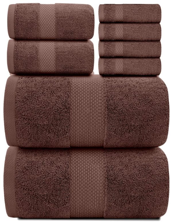Luxury Brown Bath Towel Set   Combed Cotton Hotel Quality Absorbent 8 Piece Towels | 2 Bath Towels | 2 Hand Towels | 4 Washcloths [Worth $72.95] 8 Pack | Brown