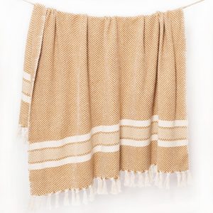The Fine Living Co. 100% Recycled Cotton Throw Blanket 50”x 60” inches Light Brown Herringbone Series Oeko Tex Certified Machine Washable Soft Everyday Use Blanket for Couch Bed Picnic
