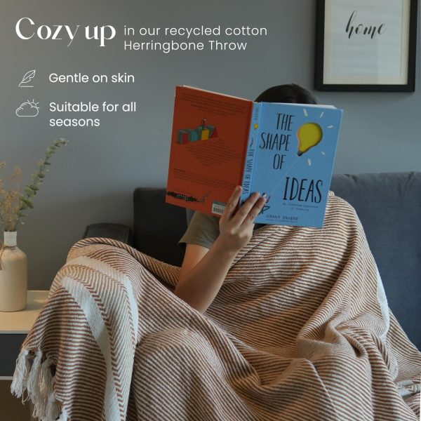 The Fine Living Co. 100% Recycled Cotton Throw Blanket   50”x 60” inches Light Brown Herringbone Series Oeko Tex Certified Machine Washable Soft Everyday Use Blanket for Couch Bed Picnic - Image 2