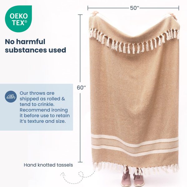 The Fine Living Co. 100% Recycled Cotton Throw Blanket   50”x 60” inches Light Brown Herringbone Series Oeko Tex Certified Machine Washable Soft Everyday Use Blanket for Couch Bed Picnic - Image 3