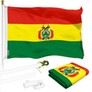 G128 Combo Pack: 6 Ft Tangle Free Spinning Flagpole (White) & Bolivia Flag 3x5 Ft Printed 150D Polyester, Brass Grommets (Flag Included) Aluminum Flag Pole