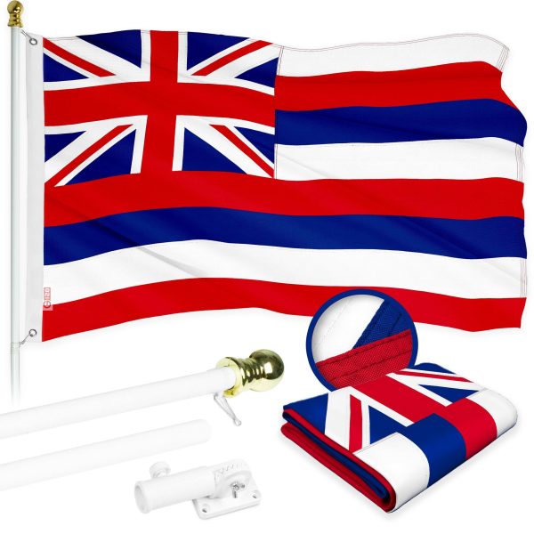 G128 Combo Pack: 6 Ft Tangle Free Aluminum Spinning Flagpole (White) & Hawaii HI State Flag 3x5 Ft, ToughWeave Series Embroidered 300D Polyester | Pole with Flag Included