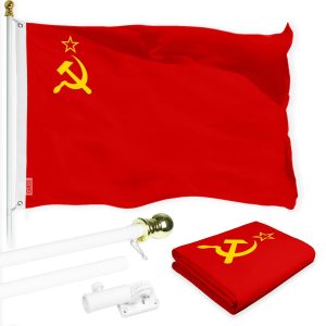 G128 Combo Pack: 6 Ft Tangle Free Aluminum Spinning Flagpole (White) & Union of Soviet Socialist Republics USSR Flag 3x5 Ft, LiteWeave Pro Series Printed 150D Polyester | Pole with Flag Included