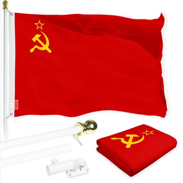 G128 Combo Pack: 6 Ft Tangle Free Aluminum Spinning Flagpole (White) & Union of Soviet Socialist Republics USSR Flag 3x5 Ft, LiteWeave Pro Series Printed 150D Polyester | Pole with Flag Included