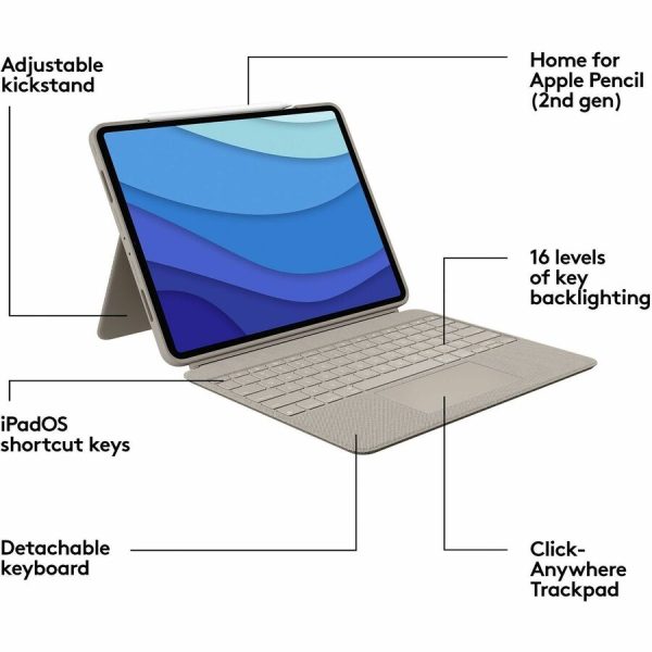 Logitech Combo Touch Keyboard/Cover Case (Folio) for 12.9" Apple, Logitech iPad Pro (5th Generation) Tablet - Sand - Image 7