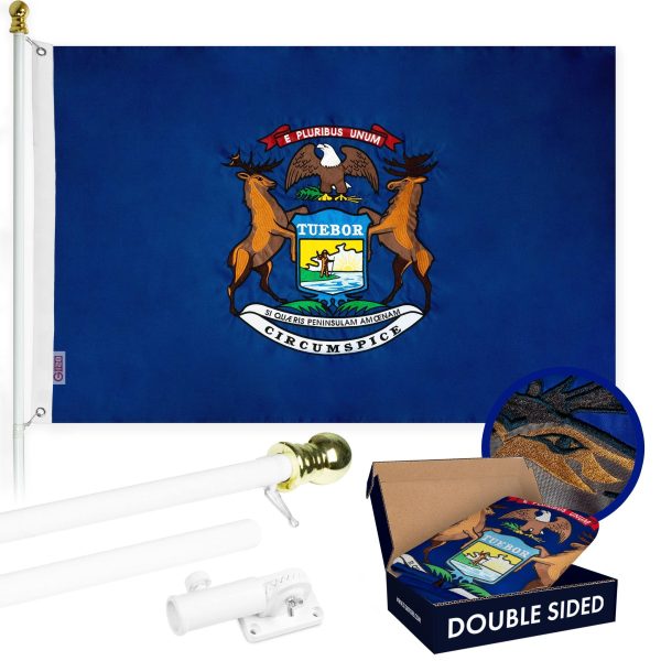 G128 - 6 Feet Tangle Free Spinning Flagpole (White) Michigan Double Sided Brass Grommets Embroidered 3x5 ft (Flag Included) Aluminum Flag Pole