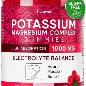 Potassium Magnesium Complex Gummies for Women and Men, High Absorption Potassium Citrate Supplement for Hydration, Muscle & Heart Health Support, Raspberry Flavor, Sugar-Free, 60 Veggie Gummies