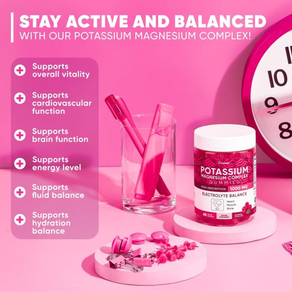 Potassium Magnesium Complex Gummies for Women and Men, High Absorption Potassium Citrate Supplement for Hydration, Muscle & Heart Health Support, Raspberry Flavor, Sugar-Free, 60 Veggie Gummies - Image 3
