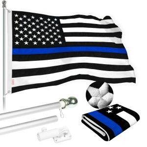 G128 - 6 Feet Tangle Free Spinning Flagpole (Silver) Thin Blue Line Flag Brass Grommets Spun Polyester 3x5 ft (Flag Included) Aluminum Flag Pole