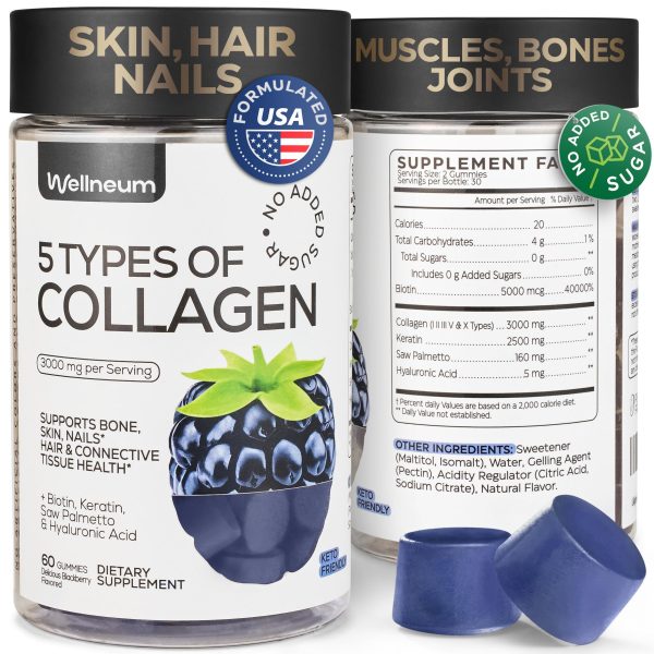 Collagen Peptide Gummies for Women and Men 3000 Mg   Collagen Gummy Supplement for Healthy Hear Skin Nails and Bones   Hyaluronic Acid Biotin Keratin Saw Palmetto   Sugar Free No GMO and Gluten