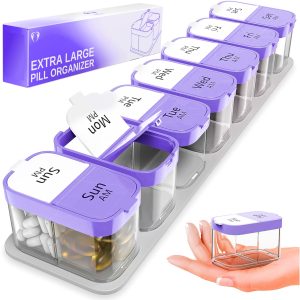 Extra Large Pill Organizer 2 Times A Day   Big Pill Box 7 Day Am Pm   XL Weekly Vitamin Holder Jumbo Medicine Container for Supplement XXL Daily Pill Case with Huge Oversized Compartments Purple white