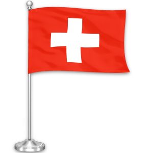 G128 Switzerland Swiss Deluxe Desk Flag Set | 8.5x5.5 In | Printed 300D Polyester, with Silver Dome and Base, 15" Metal Pole, Decorations For Office, Home and Festival Events Celebration