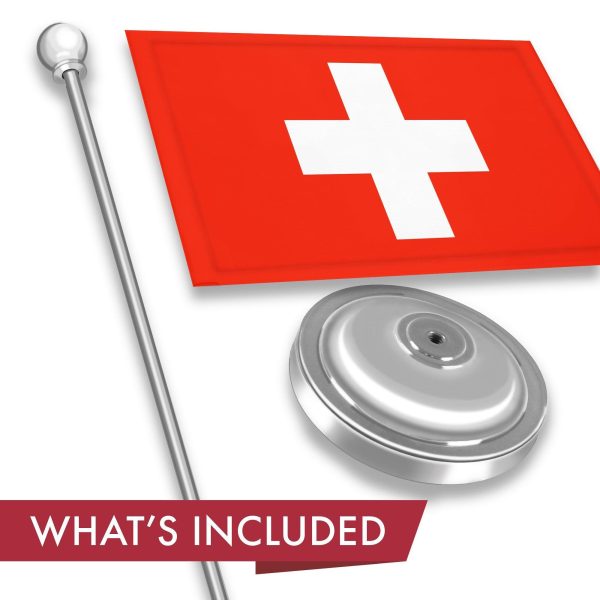 G128 Switzerland Swiss Deluxe Desk Flag Set | 8.5x5.5 In | Printed 300D Polyester, with Silver Dome and Base, 15" Metal Pole, Decorations For Office, Home and Festival Events Celebration - Image 2