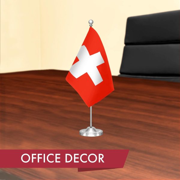 G128 Switzerland Swiss Deluxe Desk Flag Set | 8.5x5.5 In | Printed 300D Polyester, with Silver Dome and Base, 15" Metal Pole, Decorations For Office, Home and Festival Events Celebration - Image 4