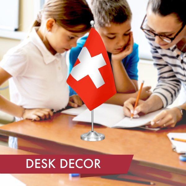 G128 Switzerland Swiss Deluxe Desk Flag Set | 8.5x5.5 In | Printed 300D Polyester, with Silver Dome and Base, 15" Metal Pole, Decorations For Office, Home and Festival Events Celebration - Image 5