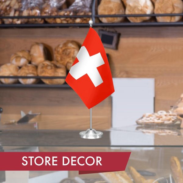 G128 Switzerland Swiss Deluxe Desk Flag Set | 8.5x5.5 In | Printed 300D Polyester, with Silver Dome and Base, 15" Metal Pole, Decorations For Office, Home and Festival Events Celebration - Image 6