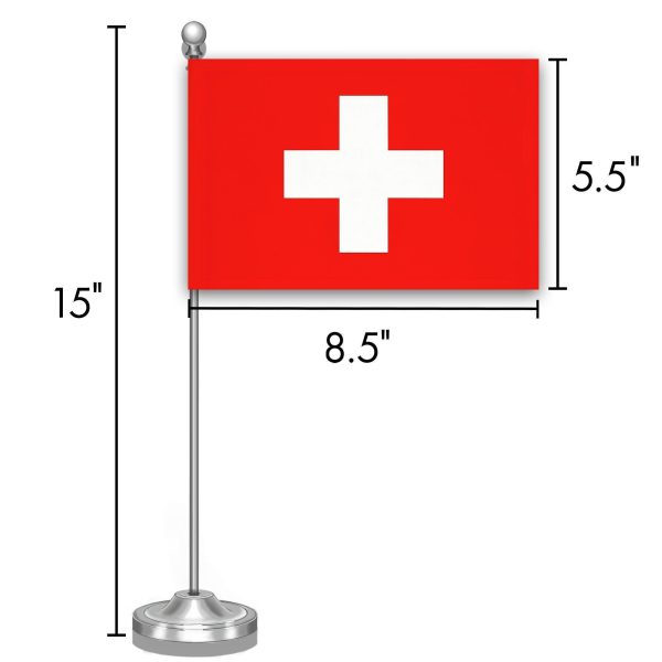 G128 Switzerland Swiss Deluxe Desk Flag Set | 8.5x5.5 In | Printed 300D Polyester, with Silver Dome and Base, 15" Metal Pole, Decorations For Office, Home and Festival Events Celebration - Image 7