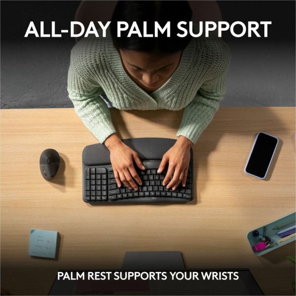 Logitech Wave Keys Wireless Ergonomic Keyboard with Cushioned Palm Rest, Comfortable Natural Typing, Graphite - Image 4