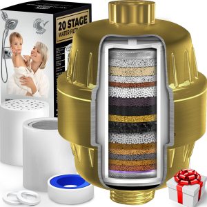 20 Stage Shower Filter for Hard Water 2.5 GPM Universal Shower Head Filter for Chlorine Fluoride Heavy Metals Vitamin C E Shower Water Filter for Hair and Skin (Golden)