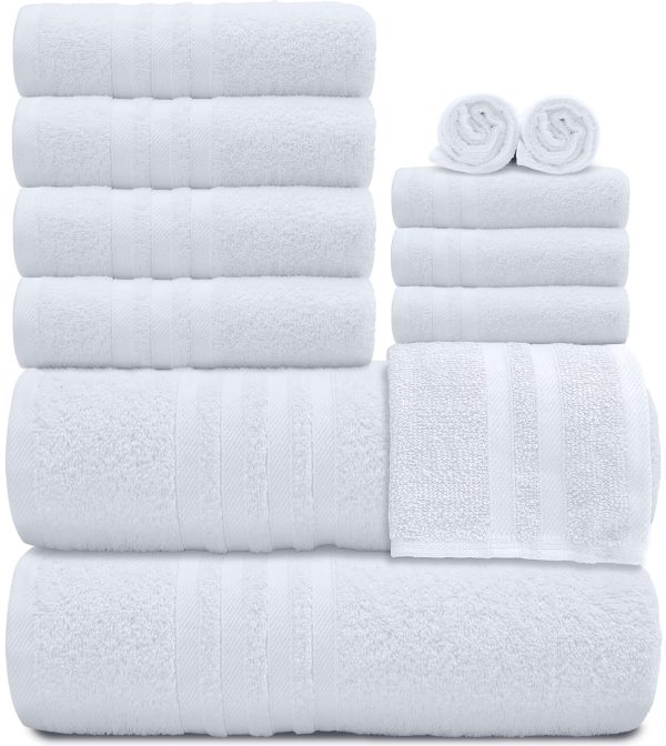 Wealuxe 12 Piece Bath Towel Set for Bathroom   2 Bath Towels 4 Hand Towels 6 Washcloths 100% Cotton Soft and Plush Highly Absorbent Soft Towel for Hotel & Spa   White - Image 2
