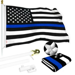 G128 Flag Pole 5 FT White Tangle Free & Thin Blue Flag 2.5x4 FT Combo Embroidered Spun Polyester
